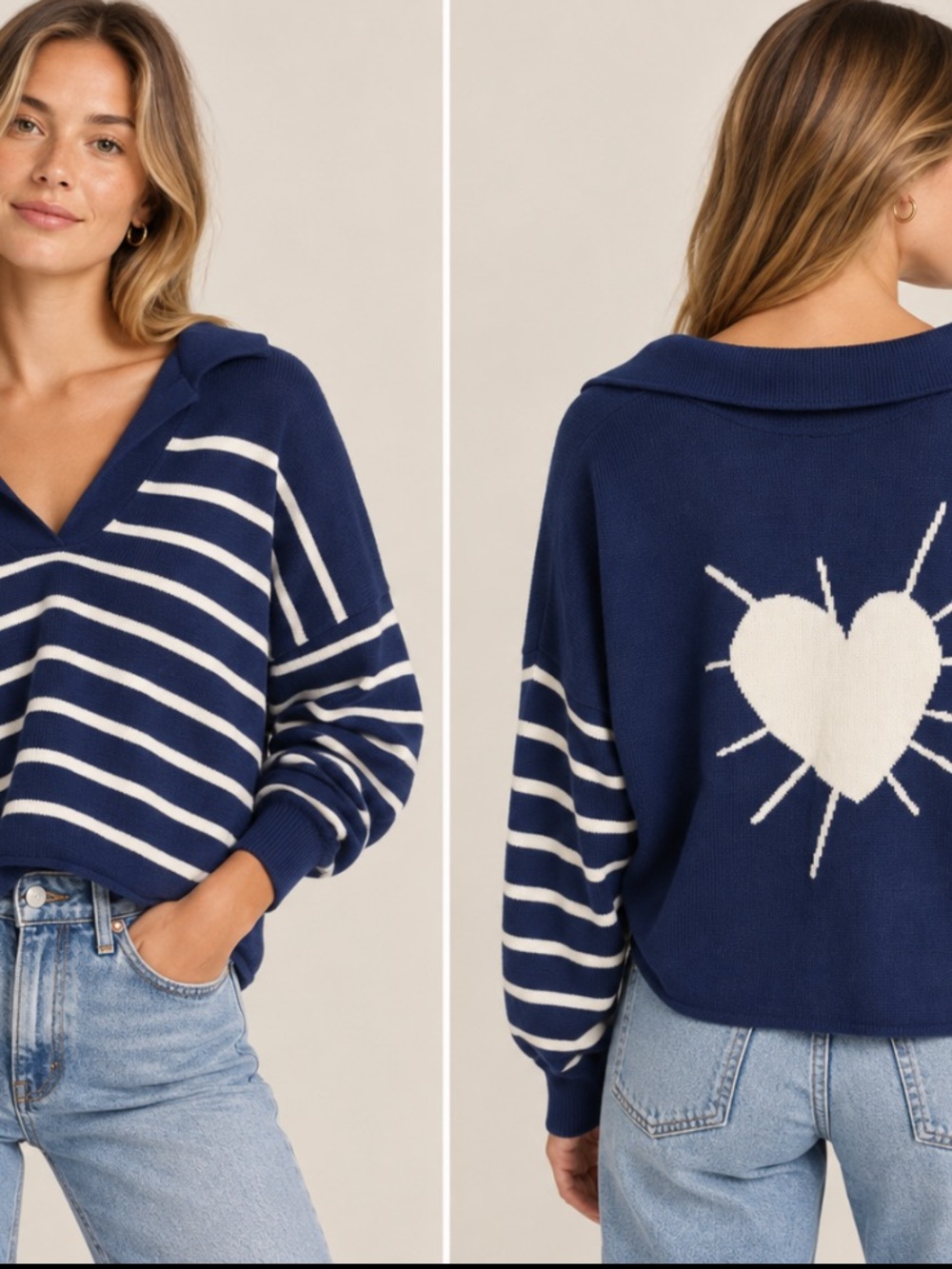 XO Kerri Rosenthal Sweater V-Neck Polo in Striped Navy Heart